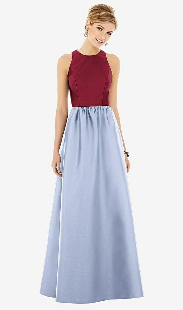 Front View - Sky Blue & Burgundy Sleeveless Keyhole Back Satin Maxi Dress