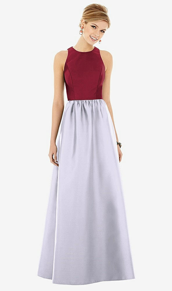 Front View - Silver Dove & Burgundy Sleeveless Keyhole Back Satin Maxi Dress