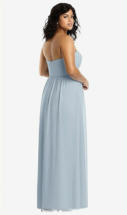 Strapless Draped Bodice Maxi Bridesmaid Dress With Front Slits In Mist The Dessy Group
