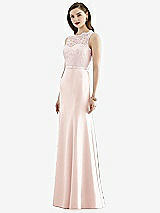 Front View Thumbnail - Blush & Blush Lace Bodice Open-Back Trumpet Gown with Bow Belt