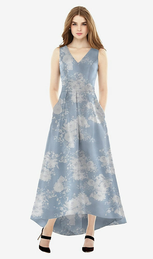 Front View - Porcelain Blue Seraphina Floral Sleeveless Floral Satin High Low Dress with Pockets