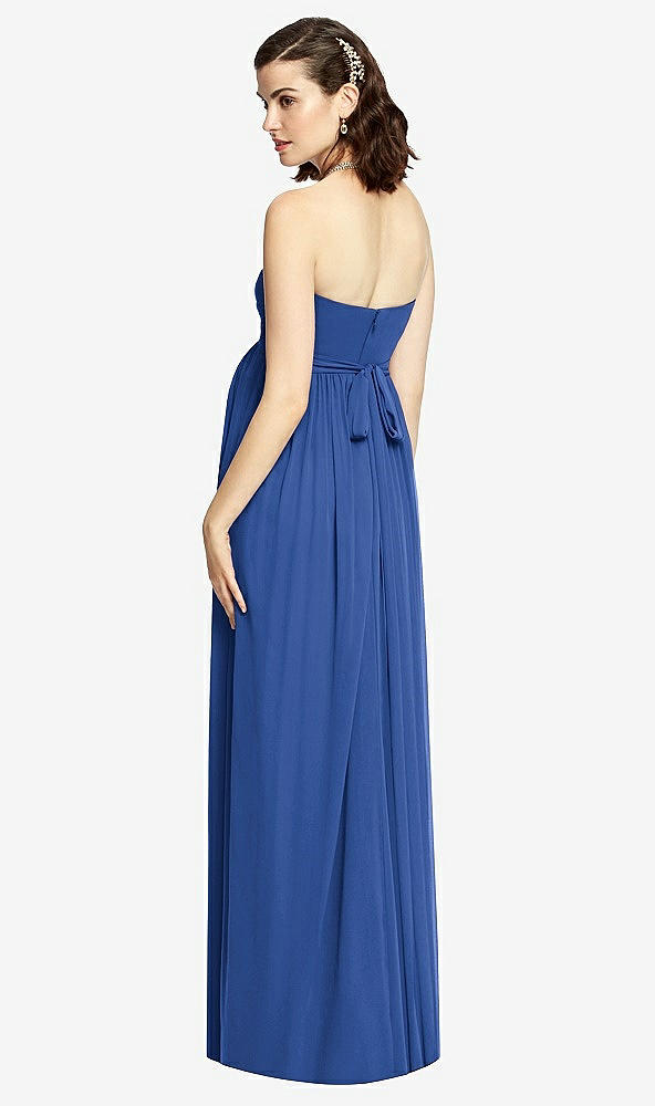 Back View - Classic Blue Draped Bodice Strapless Maternity Dress