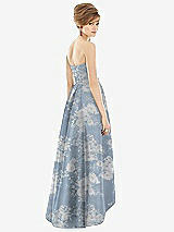 Rear View Thumbnail - Porcelain Blue Seraphina Floral Strapless Floral Satin High Low Dress with Pockets