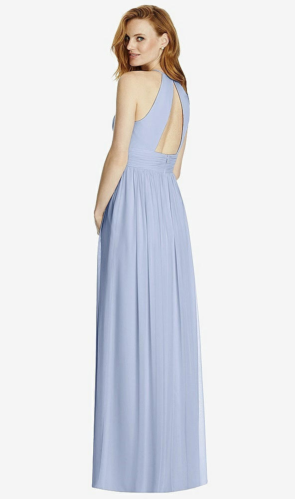 Back View - Sky Blue Cutout Open-Back Shirred Halter Maxi Dress