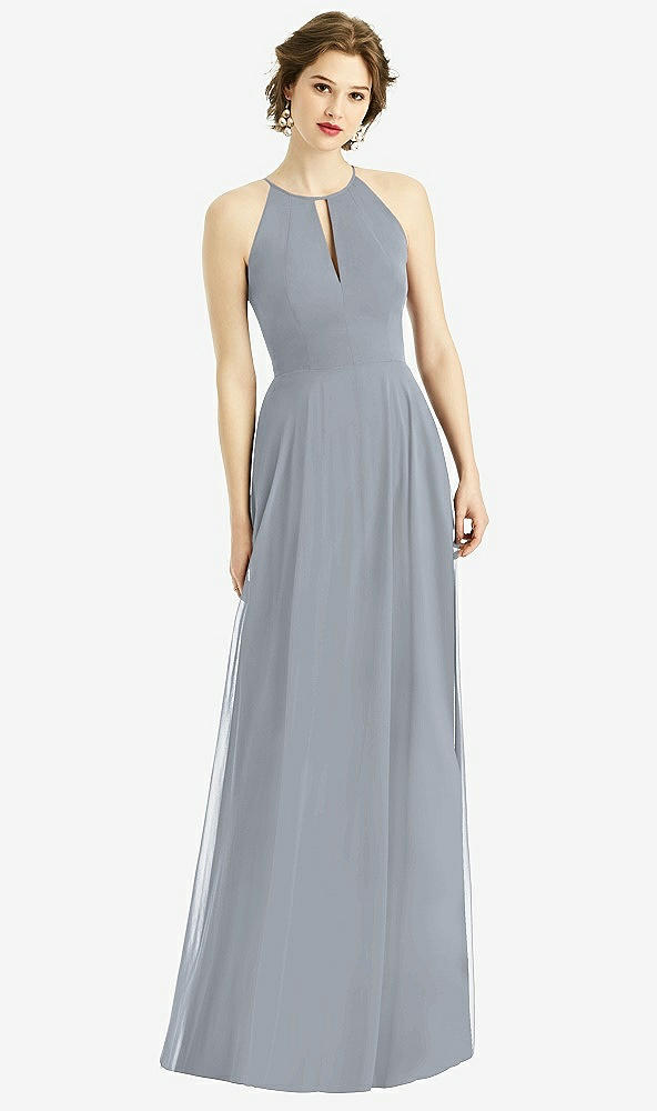 Front View - Platinum Keyhole Halter Chiffon Maxi Dress