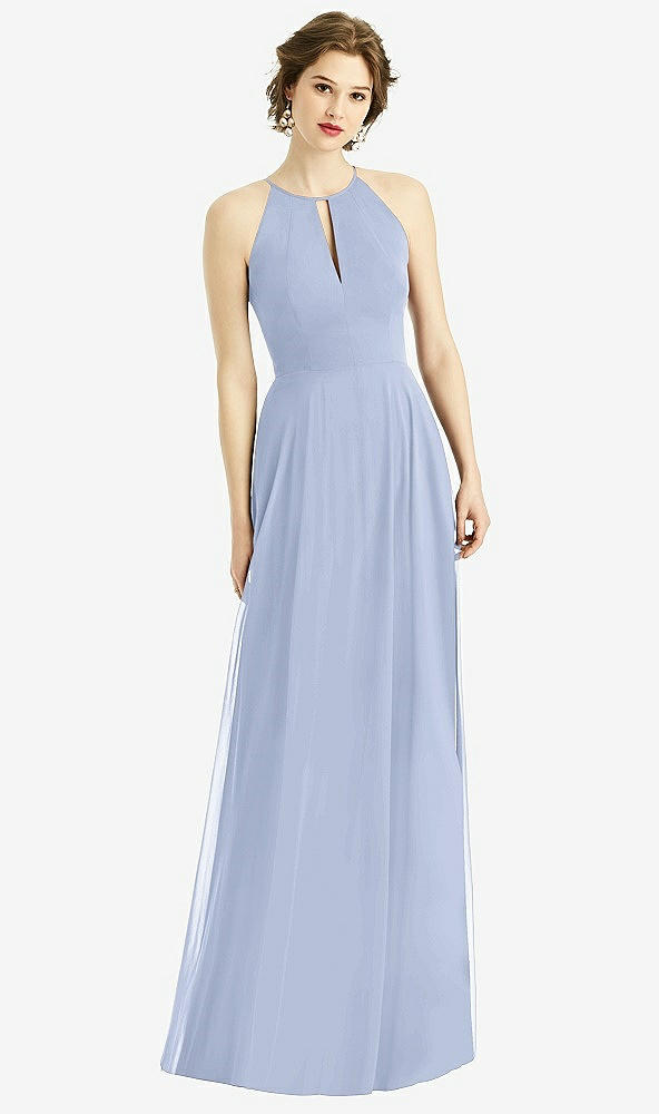 Front View - Sky Blue Keyhole Halter Chiffon Maxi Dress