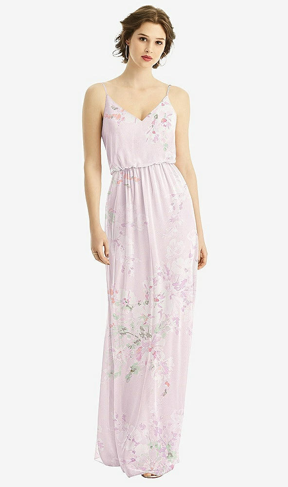 Front View - Watercolor Print V-Neck Blouson Bodice Chiffon Maxi Dress