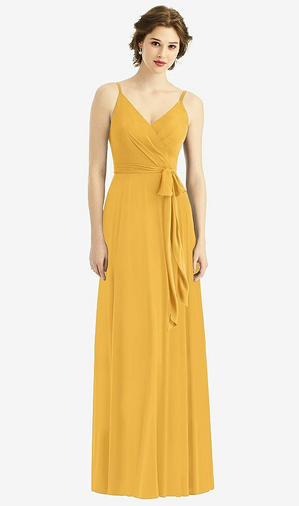 Front View - NYC Yellow Draped Wrap Chiffon Maxi Dress with Sash