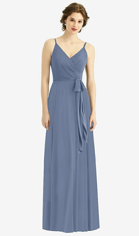 Front View - Larkspur Blue Draped Wrap Chiffon Maxi Dress with Sash