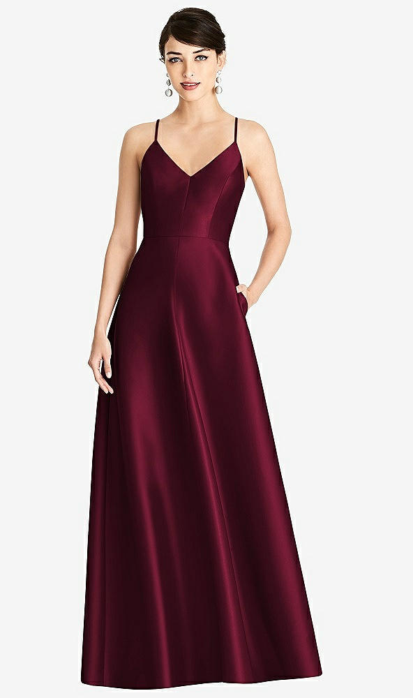 Front View - Cabernet V-Neck Full Skirt Satin Maxi Dress