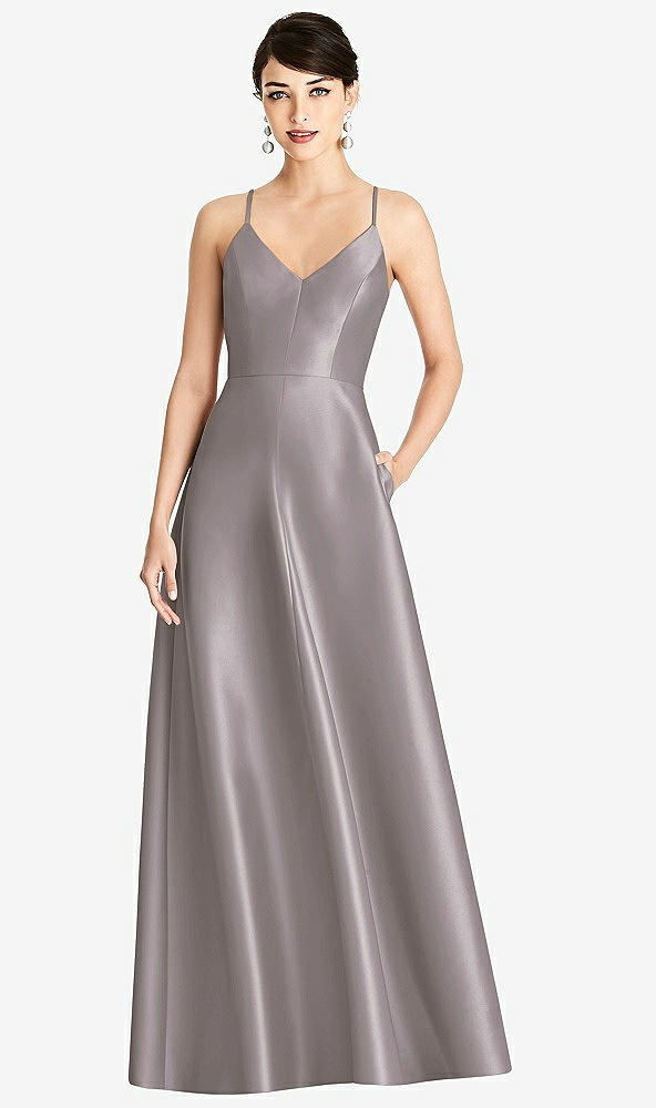 Front View - Cashmere Gray V-Neck Full Skirt Satin Maxi Dress