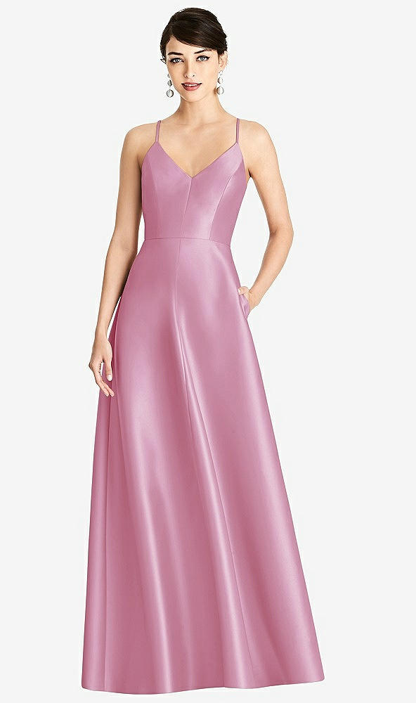 Front View - Powder Pink V-Neck Full Skirt Satin Maxi Dress