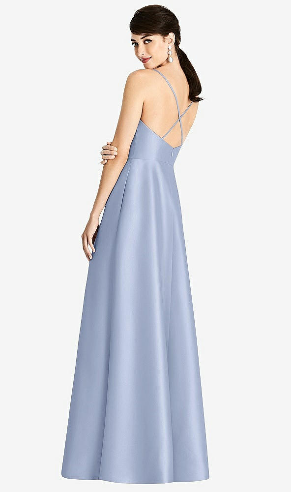 Back View - Sky Blue V-Neck Full Skirt Satin Maxi Dress