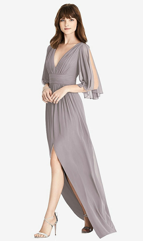 Front View - Cashmere Gray Split Sleeve Backless Chiffon Maxi Dress