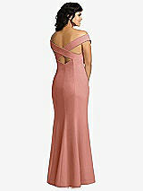 Rear View Thumbnail - Desert Rose Off-the-Shoulder Criss Cross Back Trumpet Gown