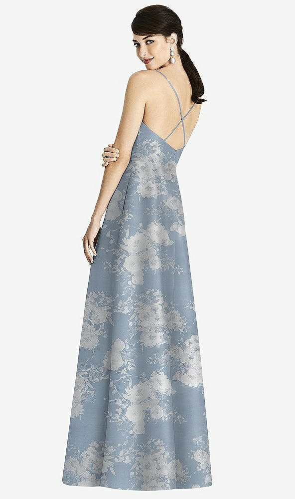 Back View - Porcelain Blue Seraphina Floral Criss Cross Back Floral Satin Maxi Dress with Full A-Line Skirt