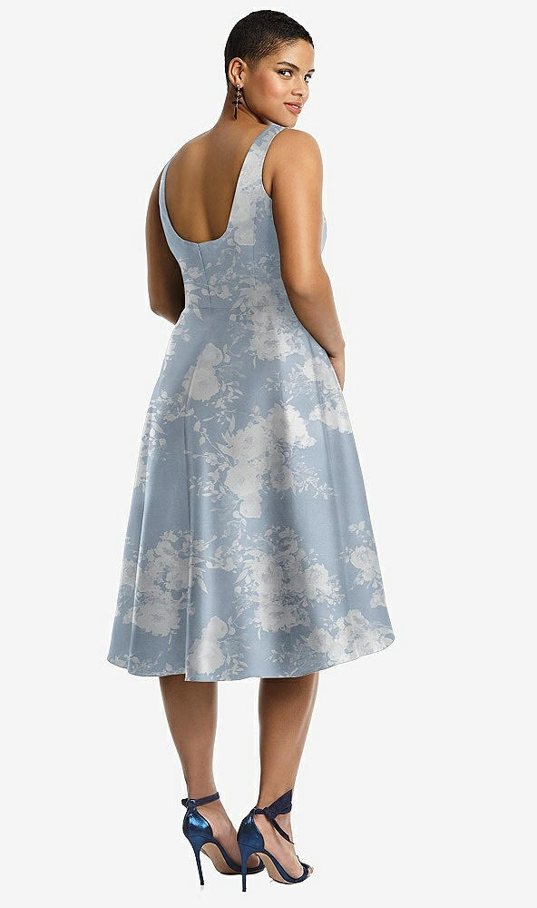 Back View - Porcelain Blue Seraphina Floral Bateau Neck High Low Floral Satin Cocktail Dress