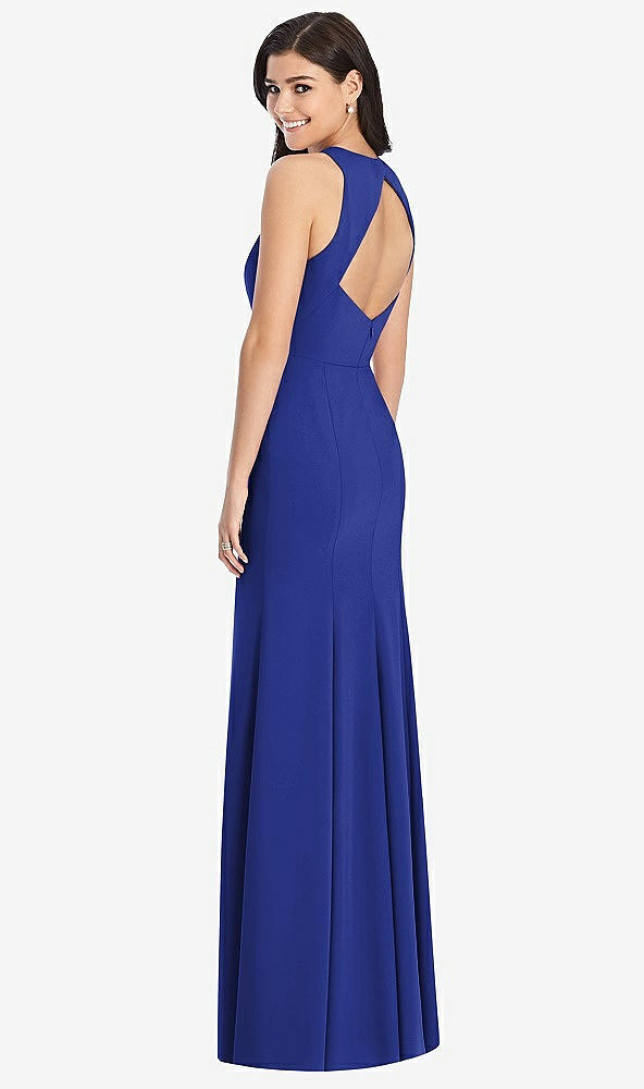 Back View - Cobalt Blue Diamond Cutout Back Trumpet Gown with Front Slit