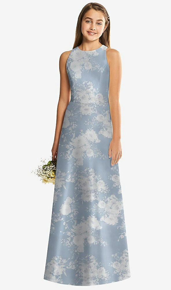 Front View - Porcelain Blue Seraphina Floral Floral Sleeveless Open-Back Satin Junior Bridesmaid Dress