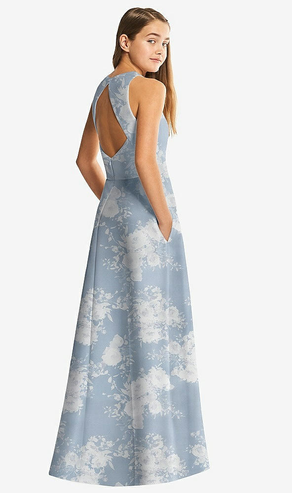 Back View - Porcelain Blue Seraphina Floral Floral Sleeveless Open-Back Satin Junior Bridesmaid Dress