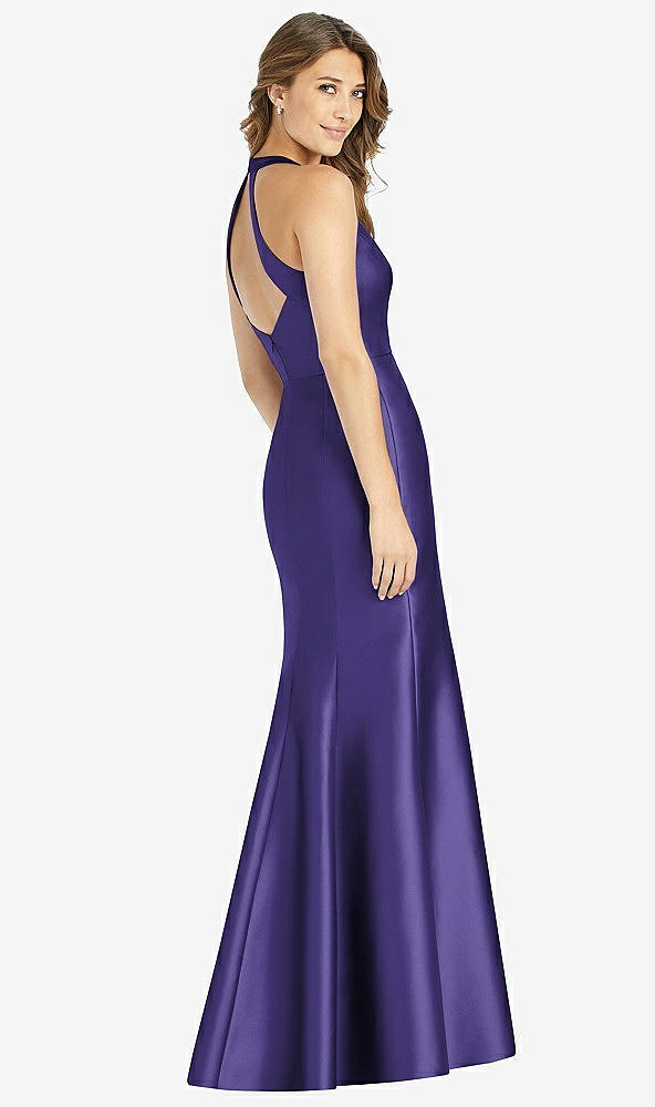 Back View - Grape V-Neck Halter Satin Trumpet Gown