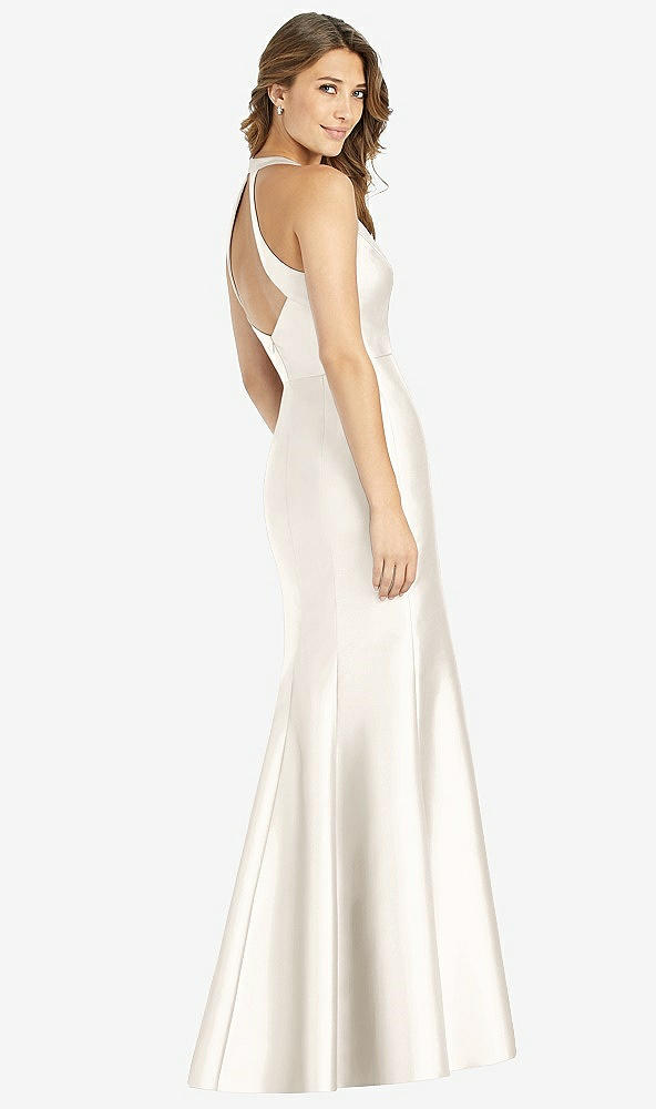 Back View - Ivory V-Neck Halter Satin Trumpet Gown