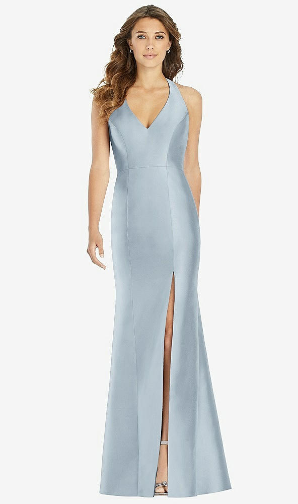 Front View - Mist V-Neck Halter Satin Trumpet Gown