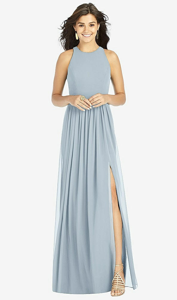 Front View - Mist Shirred Skirt Jewel Neck Halter Dress with Front Slit