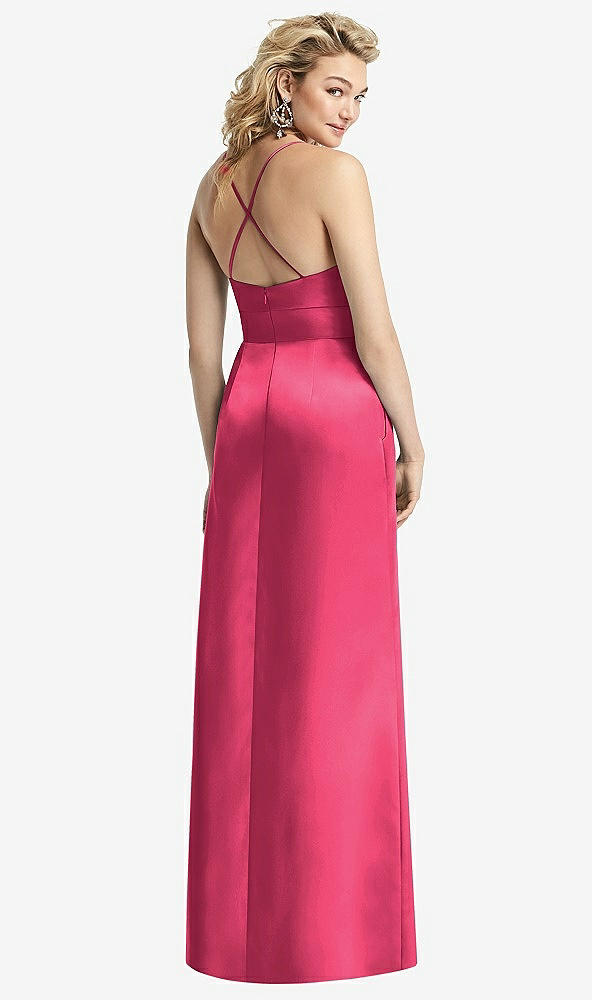 Back View - Pantone Honeysuckle Pleated Skirt Satin Maxi Dress with Pockets