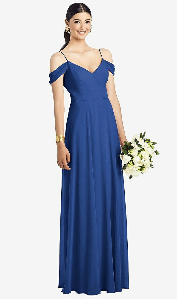 Front View - Classic Blue Cold-Shoulder V-Back Chiffon Maxi Dress