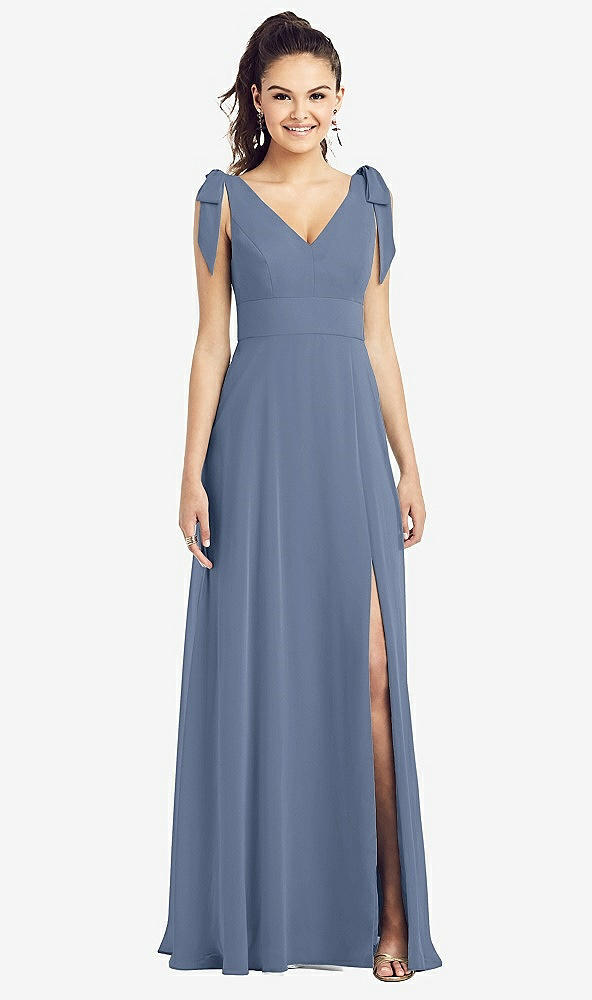 Front View - Larkspur Blue Bow-Shoulder V-Back Chiffon Gown with Front Slit