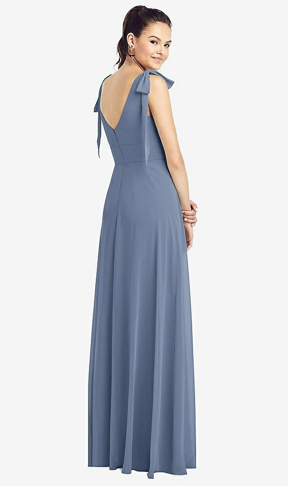 Back View - Larkspur Blue Bow-Shoulder V-Back Chiffon Gown with Front Slit