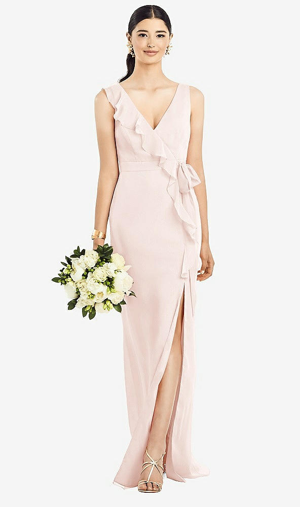 Front View - Blush Sleeveless Ruffled Wrap Chiffon Gown