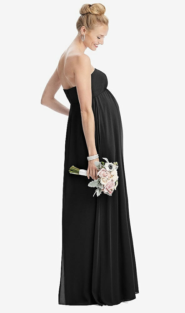 Back View - Black Strapless Chiffon Shirred Skirt Maternity Dress