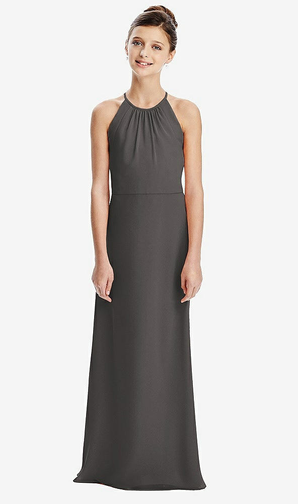 Back View - Caviar Gray Shirred Jewel Neck Chiffon Juniors Dress