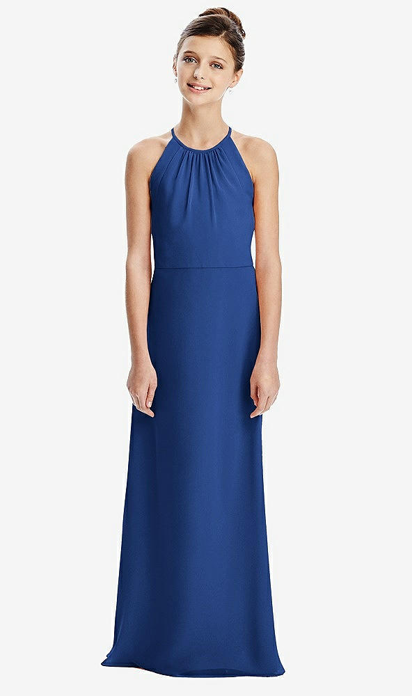 Back View - Classic Blue Shirred Jewel Neck Chiffon Juniors Dress