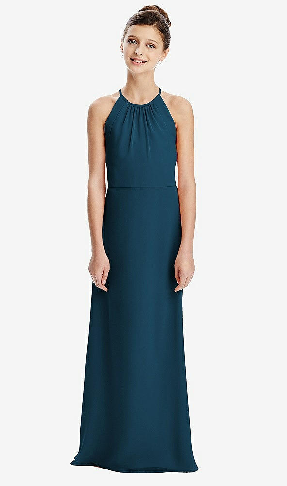 Back View - Atlantic Blue Shirred Jewel Neck Chiffon Juniors Dress