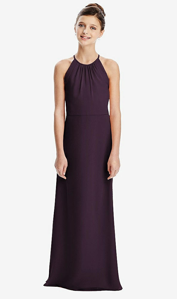 Back View - Aubergine Shirred Jewel Neck Chiffon Juniors Dress