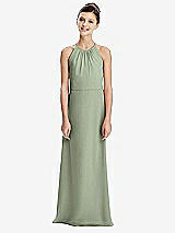 Rear View Thumbnail - Sage Shirred Jewel Neck Chiffon Juniors Dress