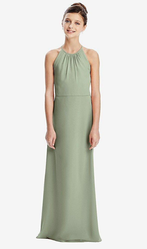 Back View - Sage Shirred Jewel Neck Chiffon Juniors Dress