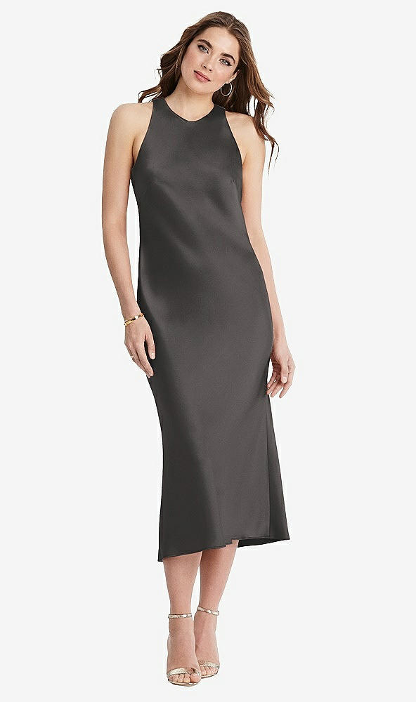 Front View - Caviar Gray Tie Neck Cutout Midi Tank Dress - Lou