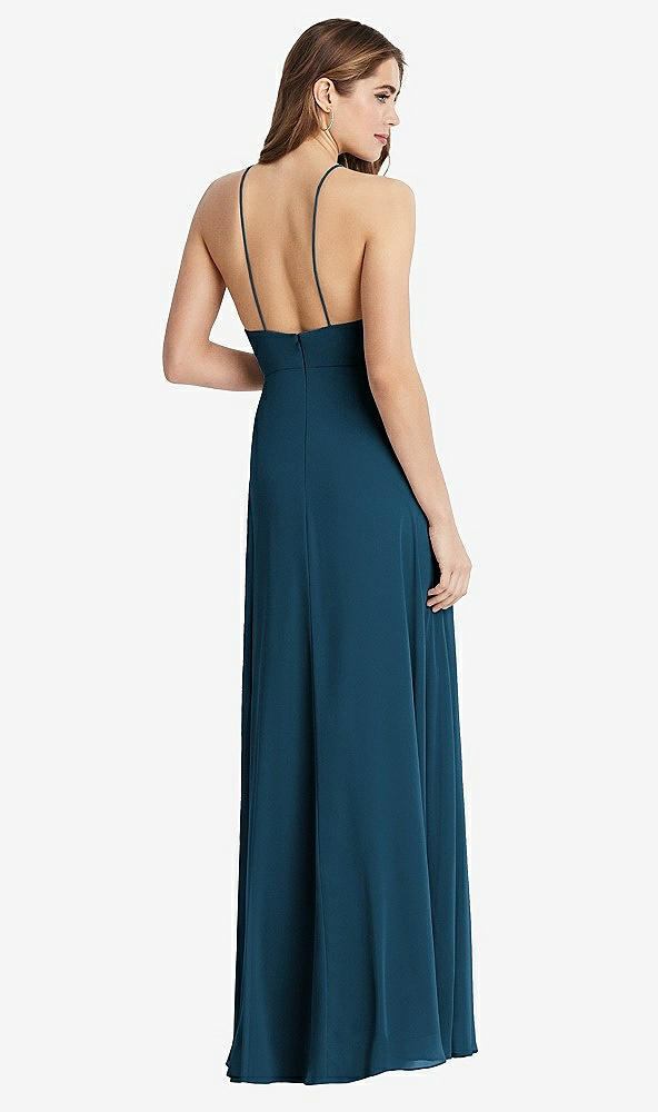 Back View - Atlantic Blue High Neck Chiffon Maxi Dress with Front Slit - Lela