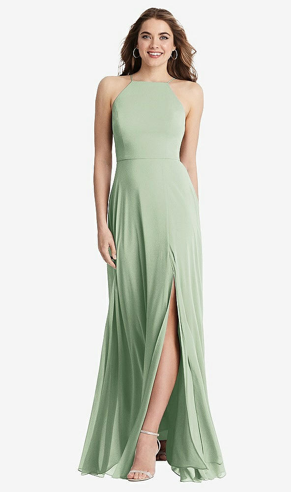 Front View - Celadon High Neck Chiffon Maxi Dress with Front Slit - Lela