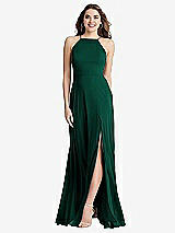 Front View Thumbnail - Hunter Green High Neck Chiffon Maxi Dress with Front Slit - Lela