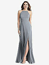 Front View Thumbnail - Platinum High Neck Chiffon Maxi Dress with Front Slit - Lela