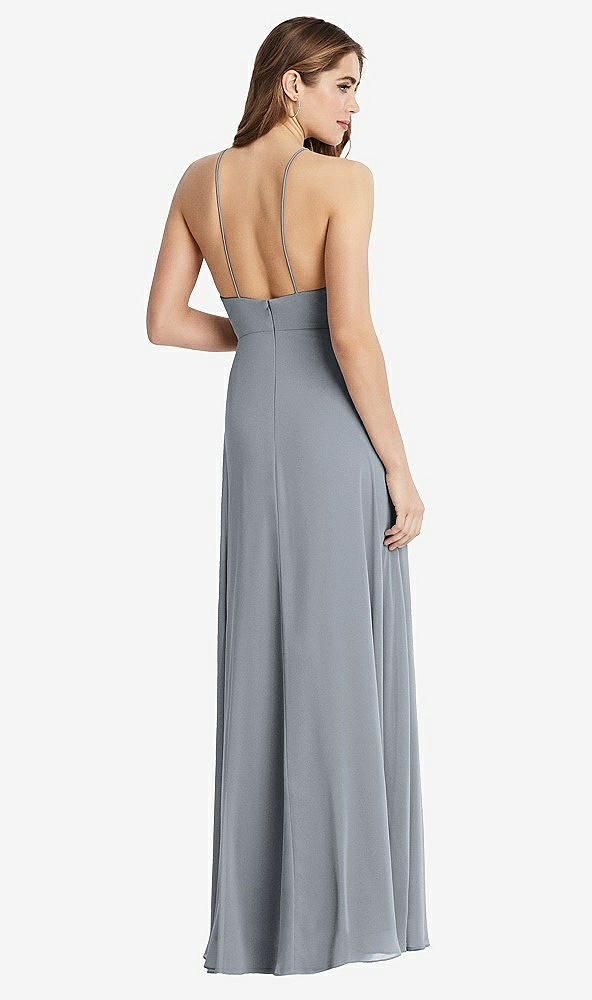 Back View - Platinum High Neck Chiffon Maxi Dress with Front Slit - Lela