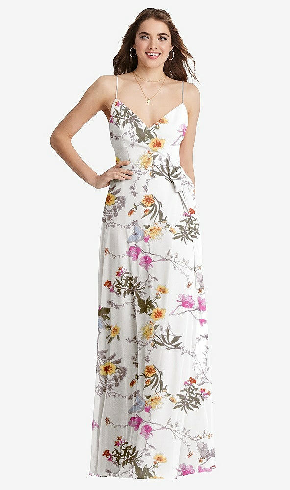 Front View - Butterfly Botanica Ivory Chiffon Maxi Wrap Dress with Sash - Cora