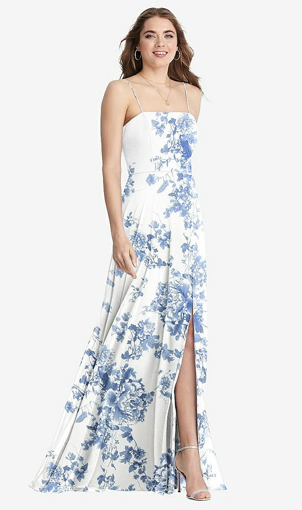 Front View - Cottage Rose Dusk Blue Square Neck Chiffon Maxi Dress with Front Slit - Elliott