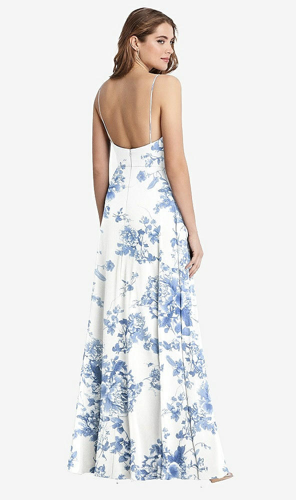 Back View - Cottage Rose Dusk Blue Square Neck Chiffon Maxi Dress with Front Slit - Elliott