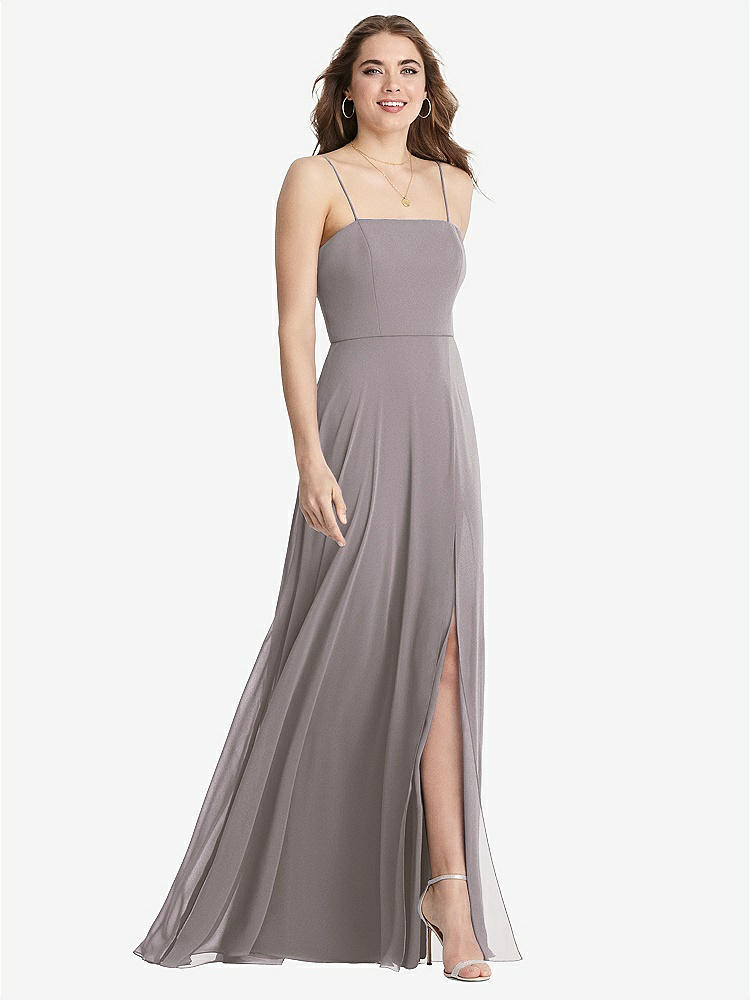 High Neck Chiffon Maxi Bridesmaid Dress With Front Slit Lela In Cashmere Gray The Dessy Group